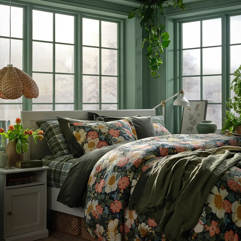 Cosy bedroom with dark blue floral duvet, colourful pillows, green blanket, bedside flowers, and large windows with plants.