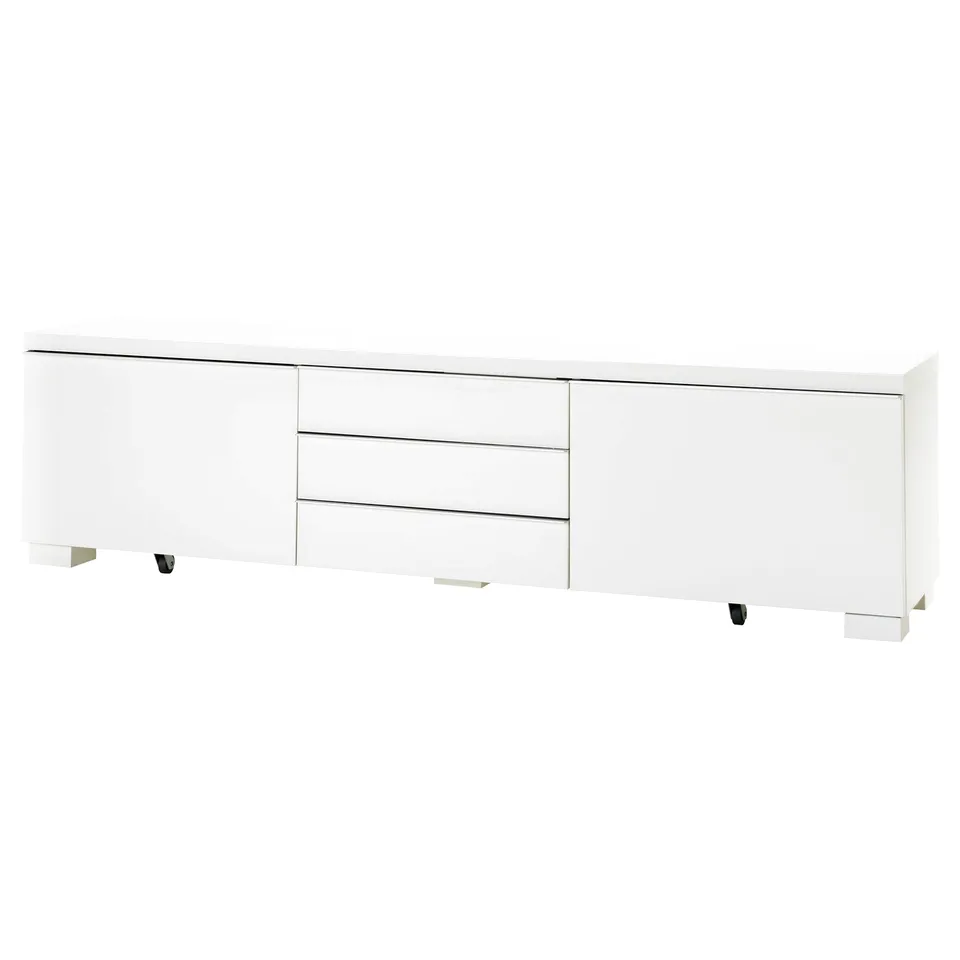 White bestå tv unit with sleek drawers and glossy finish.
