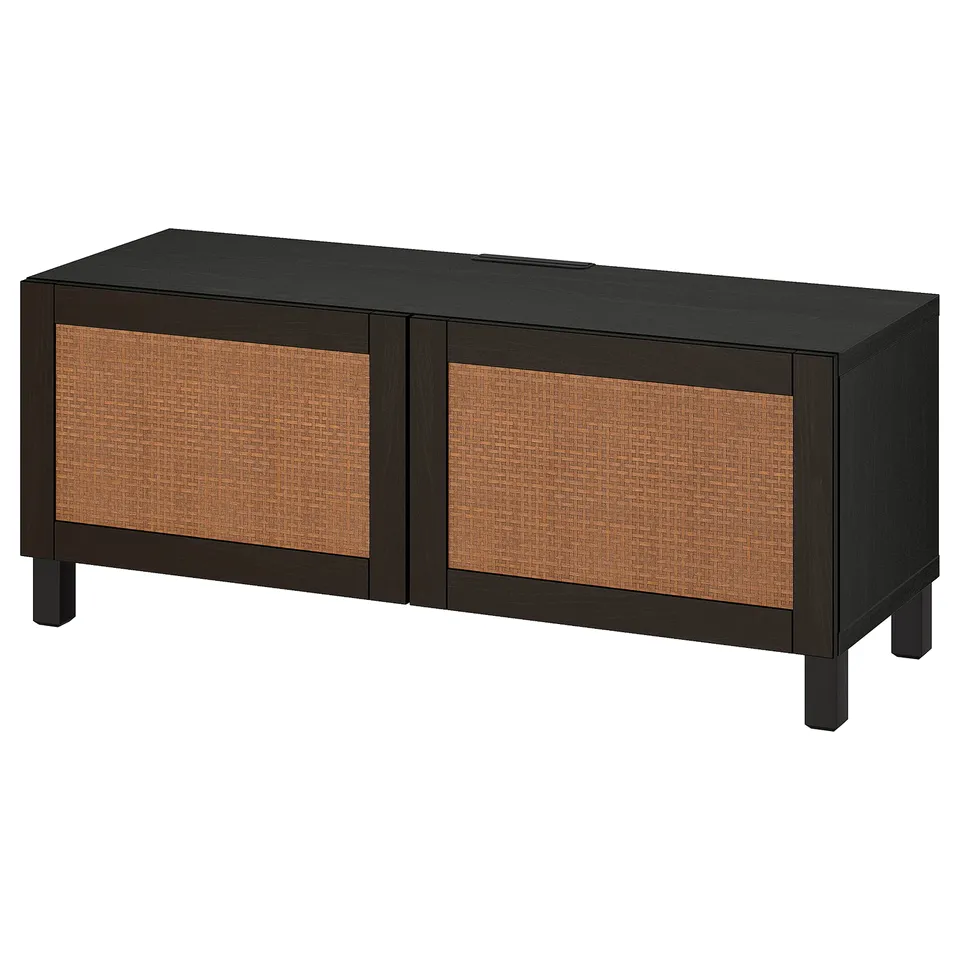 A modern black BESTÅ tv bench with woven front panels, ample storage, and cable management solutions.