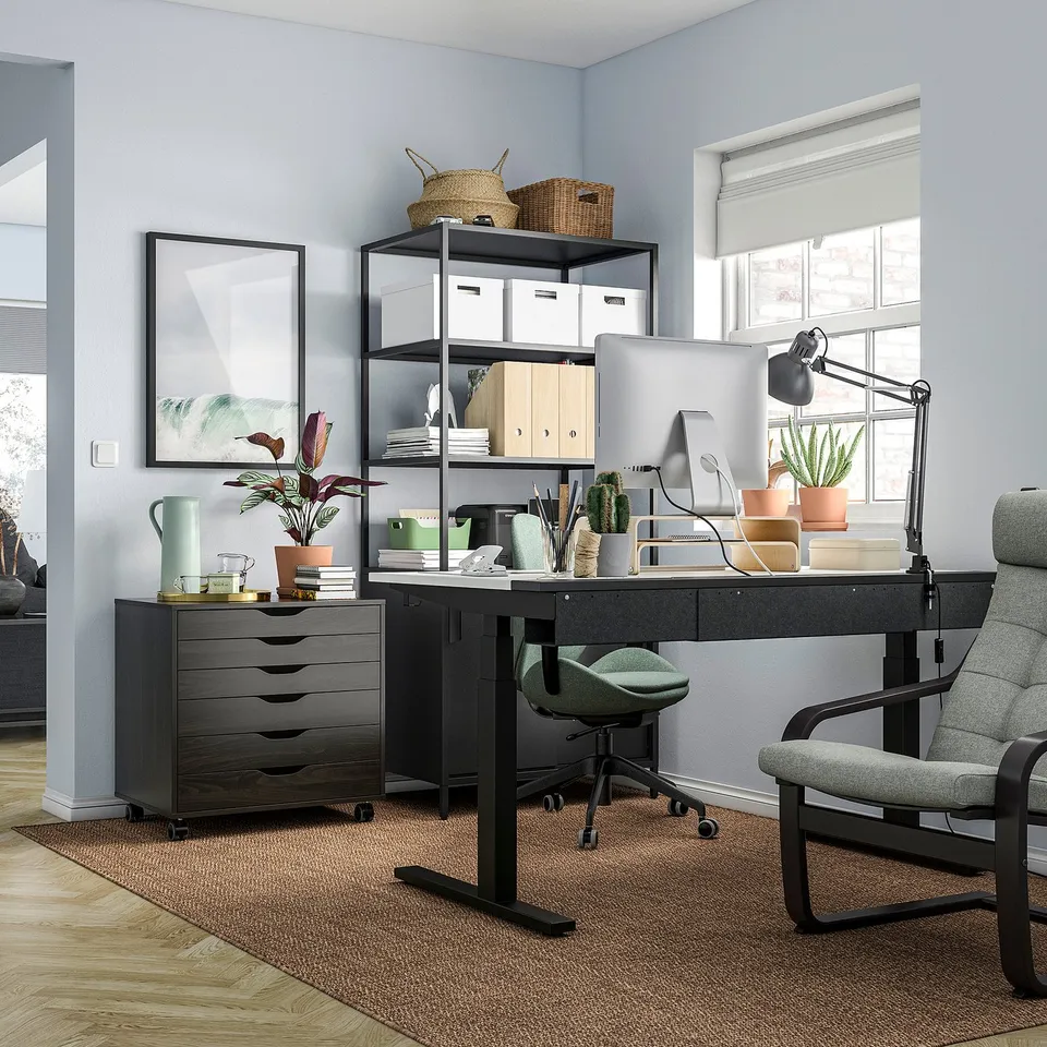 Home office setup: black desk, chair, and storage units, with a computer, plants, and decor.