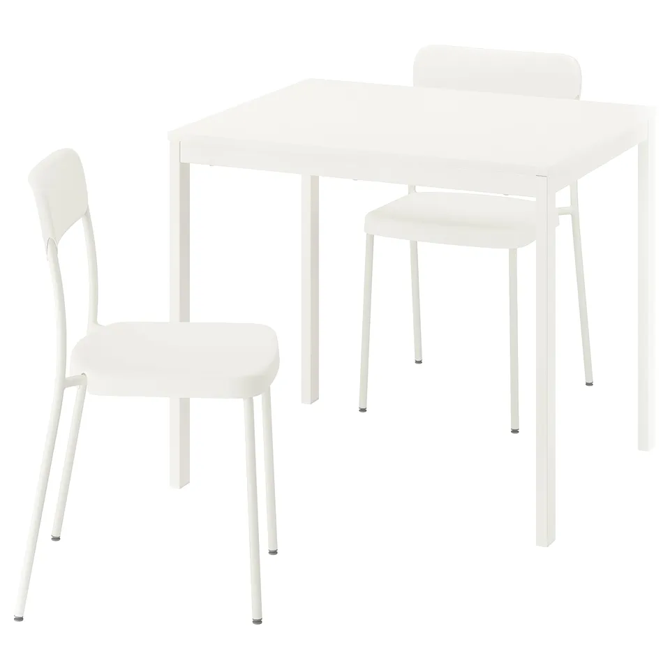 White VIHALS table and chairs set, minimalist, metal, stackable.