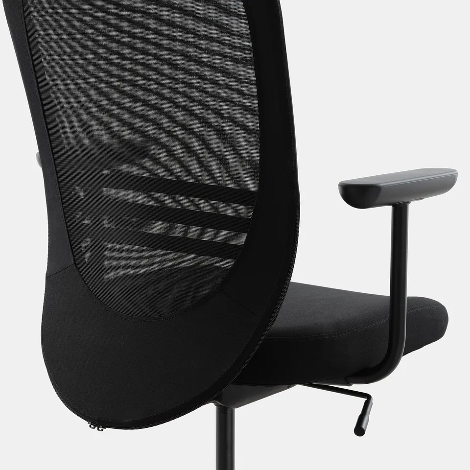 Black ergonomic office chair with mesh back, padded seat & adjustable armrests.